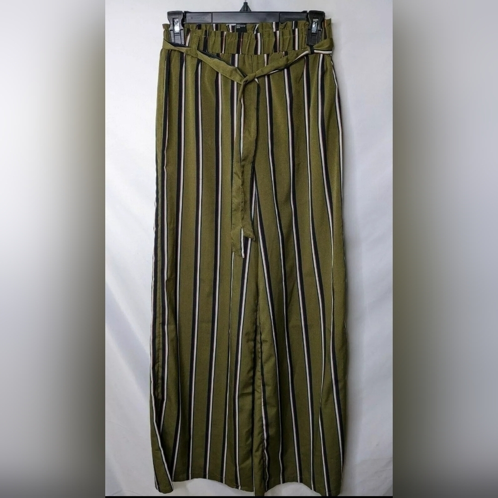 Forever 21 Womens Pants Small Green Striped Wide Straight Leg Tie Flat Front